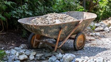 Wheelbarrow filled with gravel sits on a rocky pathway