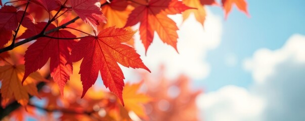 Starburst of crimson and gold sweetgum leaves against a clear autumn sky , scenic, october