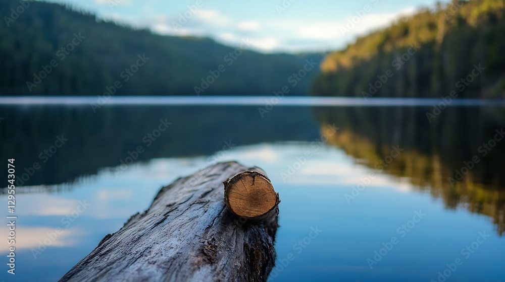 Poster serene view of a calm lake with reflections and a log in the foreground : generative ai