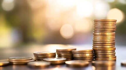 Stack of golden coins shimmering in sunlight symbolizing wealth abundance and investment : Generative AI