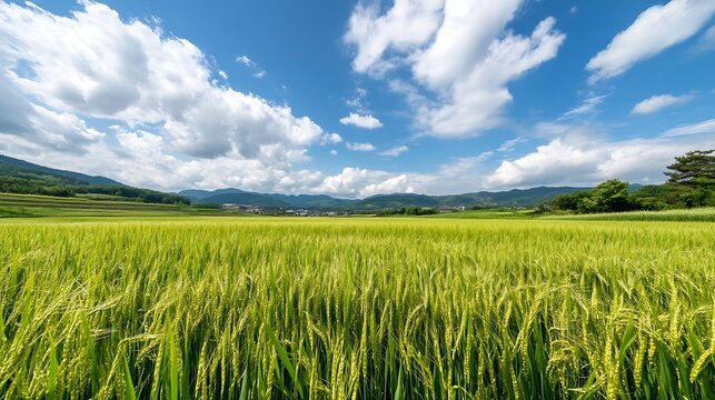 Expansive rice field with lush green plants under a bright blue sky and fluffy clouds : Generative AI