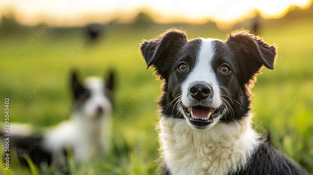 Aufkleber Happy Joyful Border Collie Dog Smiling in Green Meadow at Sunset with Blurred Background : Generative AI