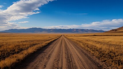 Fototapeta premium Scenic dirt road winding through vast golden fields with majestic mountains in the distance : Generative AI