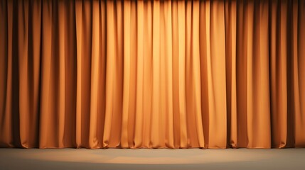 A stage with an orange curtain and a dark grey floor.
