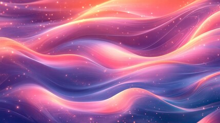 Abstract swirling waves with vibrant pink, orange, and blue hues and sparkling particles.