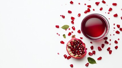 top view of pomegranate fruit and juice on a white background