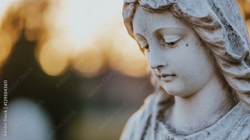 Poster closeup portrait of serene marble statue with soft golden bokeh background : generative ai