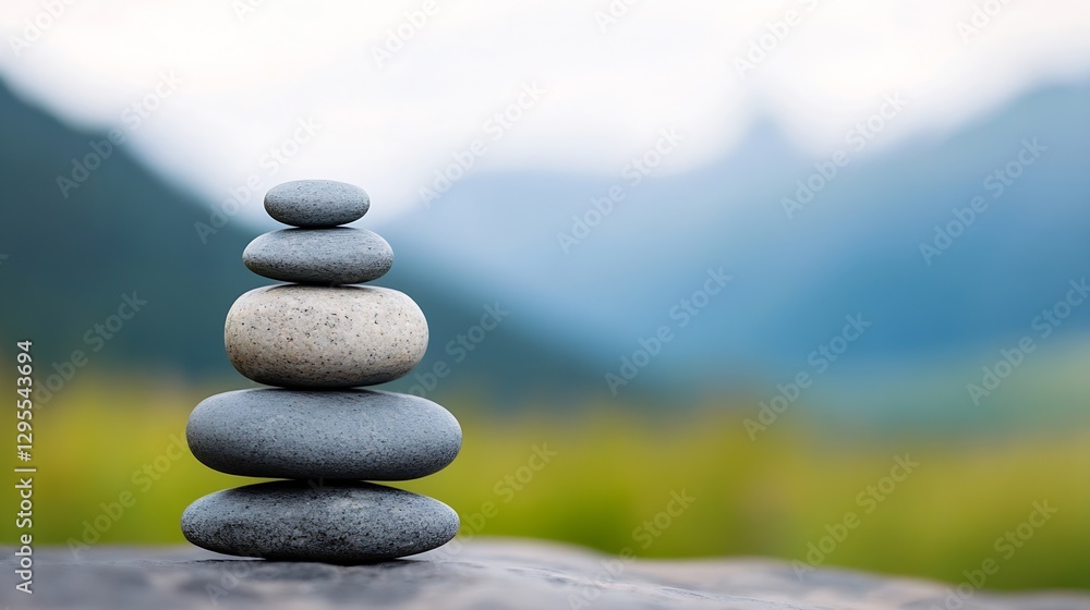 Aufkleber Stacked pebbles creating a balanced arrangement in a soft focus background of lush greenery and mountains : Generative AI