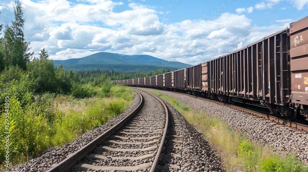 Poster curving railway track surrounded by scenic mountains and vibrant green trees on a clear sunny day : 