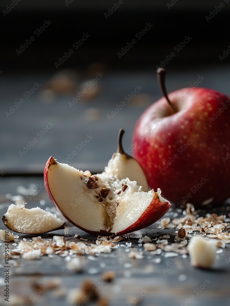 Poster Fresh Red Apple Cut in Half with Texture and Crushed Nuts on Wooden Surface : Generative AI