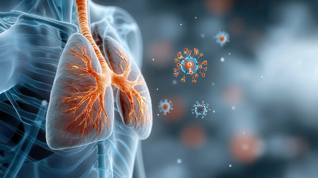 digital illustration of human lungs with glowing infection hotspots and virus particles surrounding them, highlighting respiratory health concerns