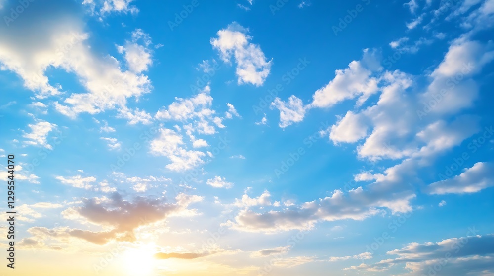 Poster bright blue sky with fluffy clouds illuminated by sunlight during beautiful day : generative ai