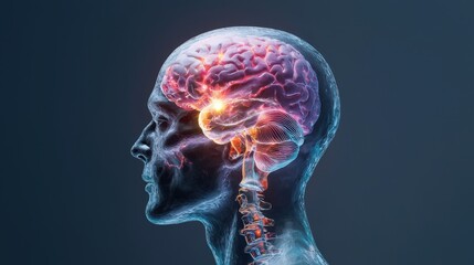 Head X-ray of brain showing inflammation, against a dark gray studio backdrop