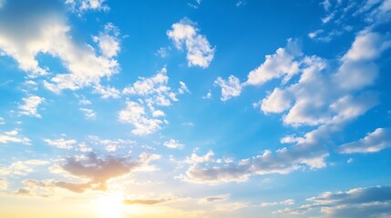 Fototapeta premium Bright Blue Sky with Fluffy Clouds Illuminated by Sunlight During Beautiful Day : Generative AI