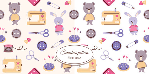 Seamless hand-drawn pattern with cute needlework elements. Vector design for fabric, wallpaper, wrapping paper and more.