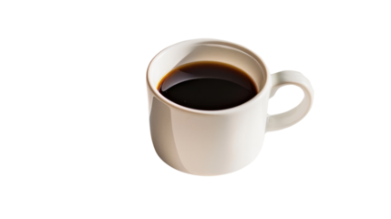 White coffee cup filled with dark coffee on transparent background