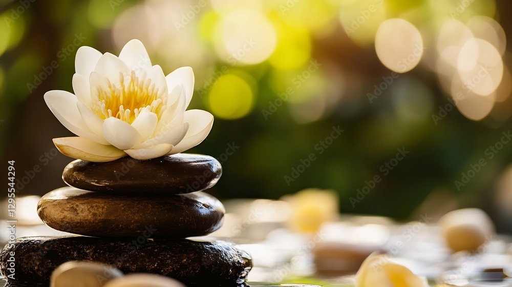Aufkleber Beautiful lotus flower on stacked stones with soft bokeh background in nature : Generative AI