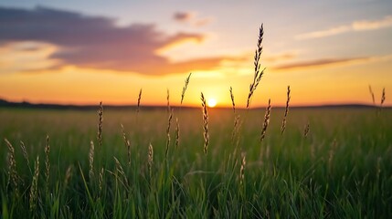 Golden Hour Sunlight Reflecting on Tall Grass Fields Creating a Serene Atmosphere : Generative AI