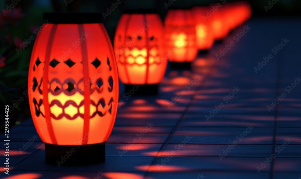 Poster glowing red lanterns line a tiled path at night, creating a warm ambiance