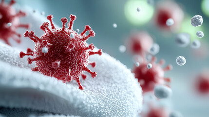 highly detailed image of airborne pathogens infecting fabric, showcasing red virus particles on textured surface, illustrating concept of viral transmission