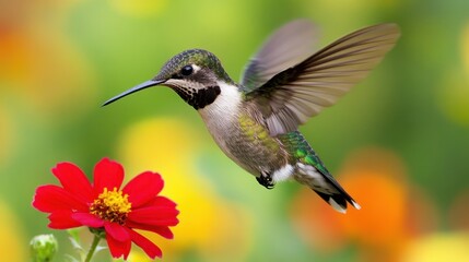 Fototapeta premium Hummingbird in Flight with Red Flower in Garden Vivid Colors Graceful Movement and Detailed Plumage Captivating Nature Scene Soft Bokeh Background