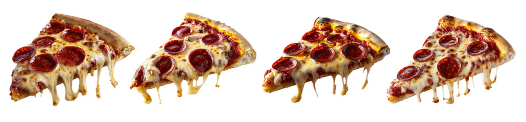 set of slice pizza pepperoni with cheese dropping isolated on transparent background