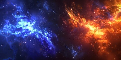 Naklejka premium A mesmerizing interstellar display of vibrant blue and orange particles illuminating the vast expanse of the universe,