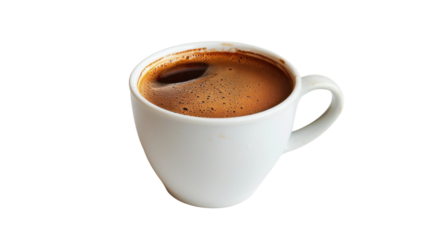 White coffee cup full of fresh espresso on transparent background