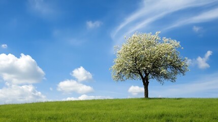 Naklejka premium Single flowering tree on a green hillside against a backdrop of a bright blue sky : Generative AI