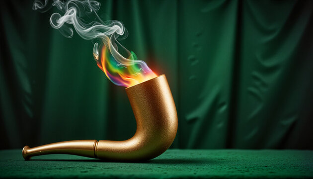 Glowing oversized leprechaun&rsquo;s pipe with spiraling rainbow smoke, enchanted Saint Patrick&rsquo;s Day imagery