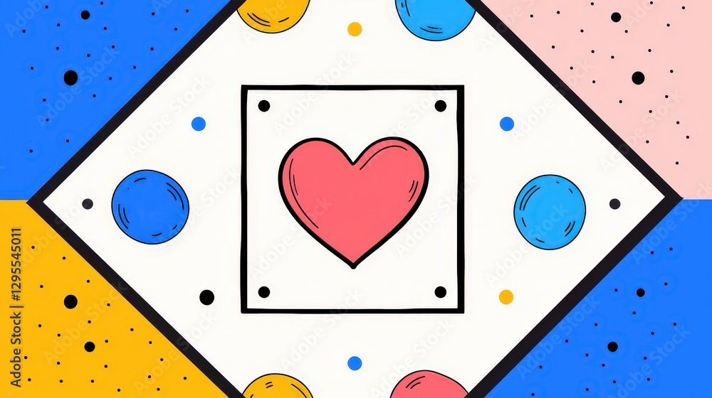 Poster heart symbol drawing isolated on white amidst various abstract patterns