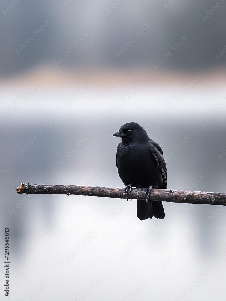 Poster Elegant black bird perched gracefully on a branch with a serene foggy lake view in the background : Generative AI