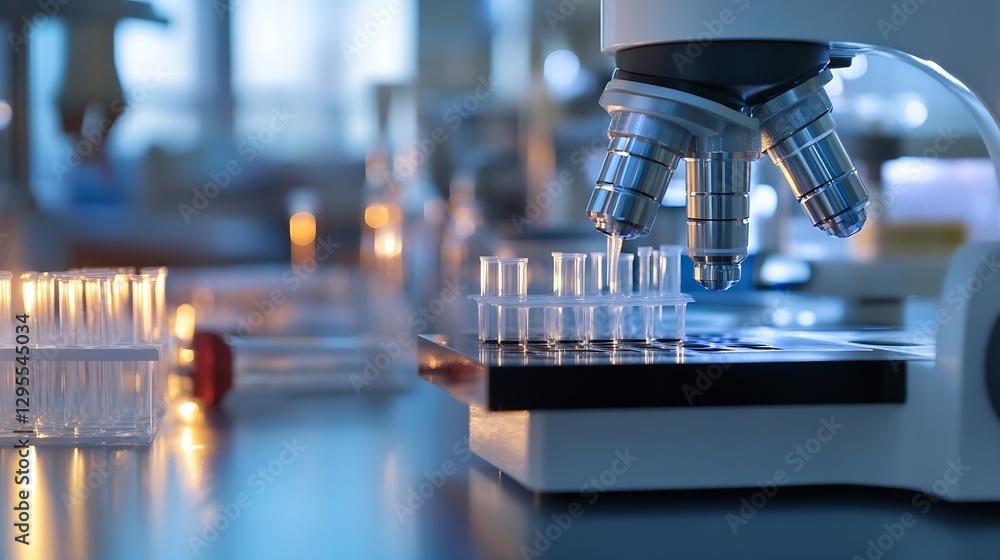 Poster advanced laboratory microscope with test tubes and glass equipment : generative ai