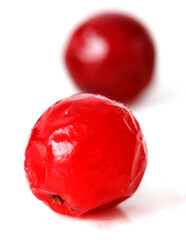 Two red cherries are sitting on a white background