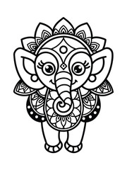 Fototapeta premium Mandala-Inspired Elephant with Ornate Decorations – Adult Coloring Page on White Background