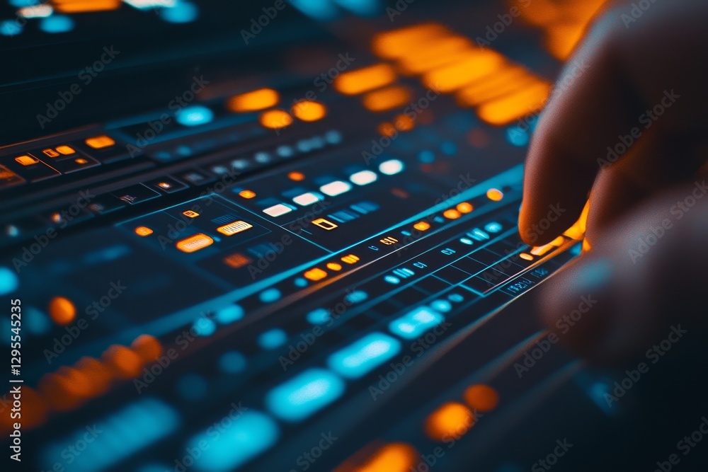 Poster futuristic data interface with finger touching control panel