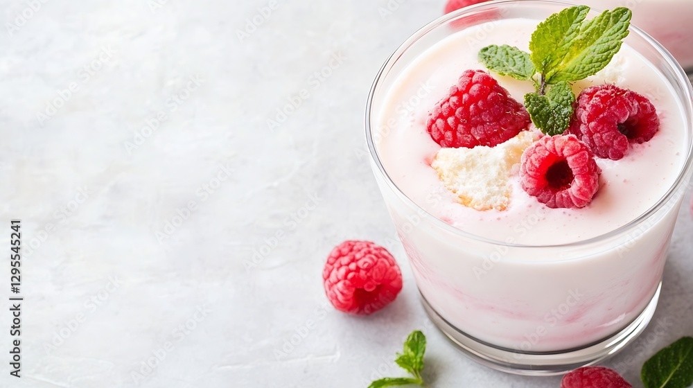 Poster delicious raspberry dessert with cream and mint for sweet indulgence : generative ai