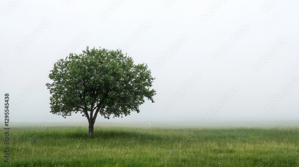 Poster Isolated tree in a misty field creating a serene and peaceful atmosphere in the quiet landscape : Generative AI