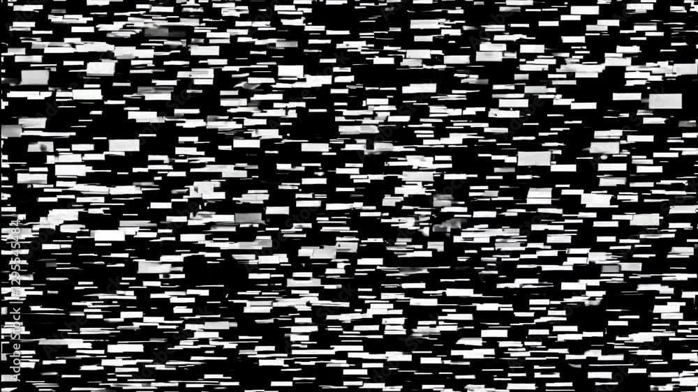 Poster abstract video art with a top-down angle, featuring scattered black and white rectangles, creating a