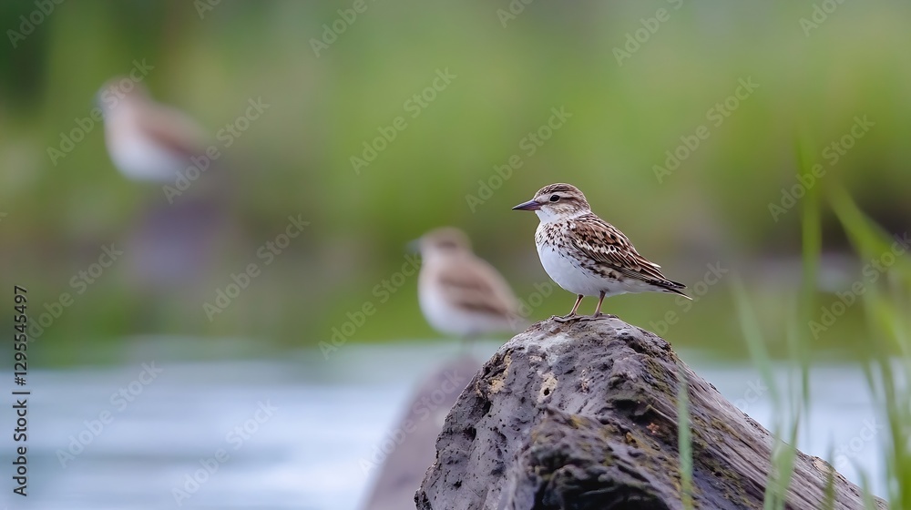 Poster Charming Shoreline Scene with Little Birds Standing on the Log by the Serene Water : Generative AI