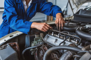 Fototapeta premium A woman mechanic who is repairing a car