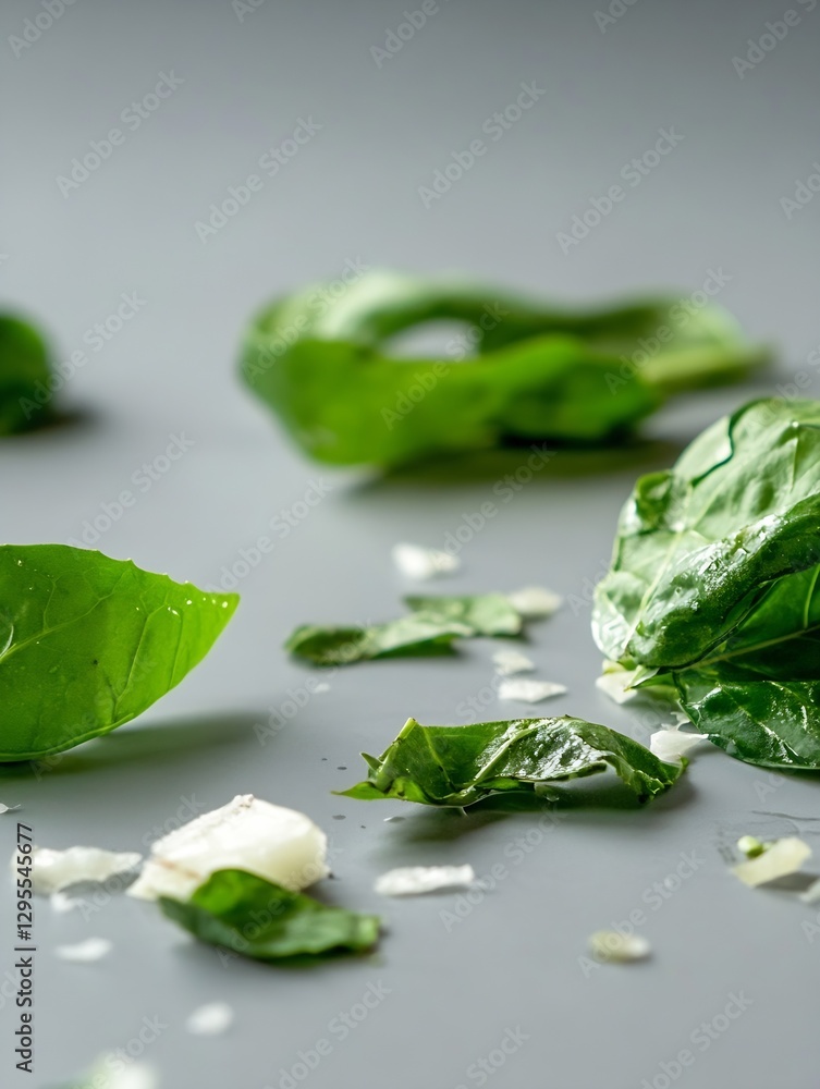 Poster fresh green spinach leaves scattered on a smooth gray background highlighting their natural texture 