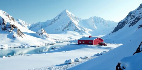 South pole research station surrounded by snowy mountains and glaciers, mountains, snowy, glaciers