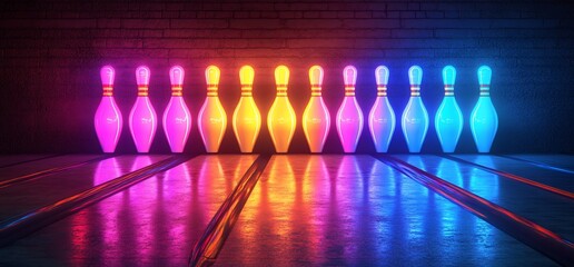 Vibrant Neon Bowling Pins on a Gleaming Lane Surface in a Dark Room
