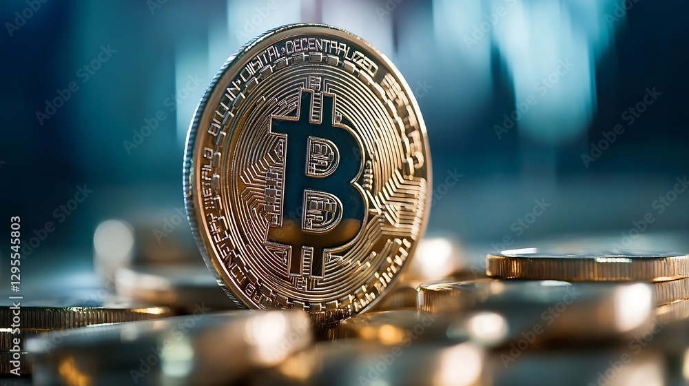 Leinwandbilder closeup of a bitcoin surrounded by gleaming coins signifying the rise of cryptocurrency in modern fi