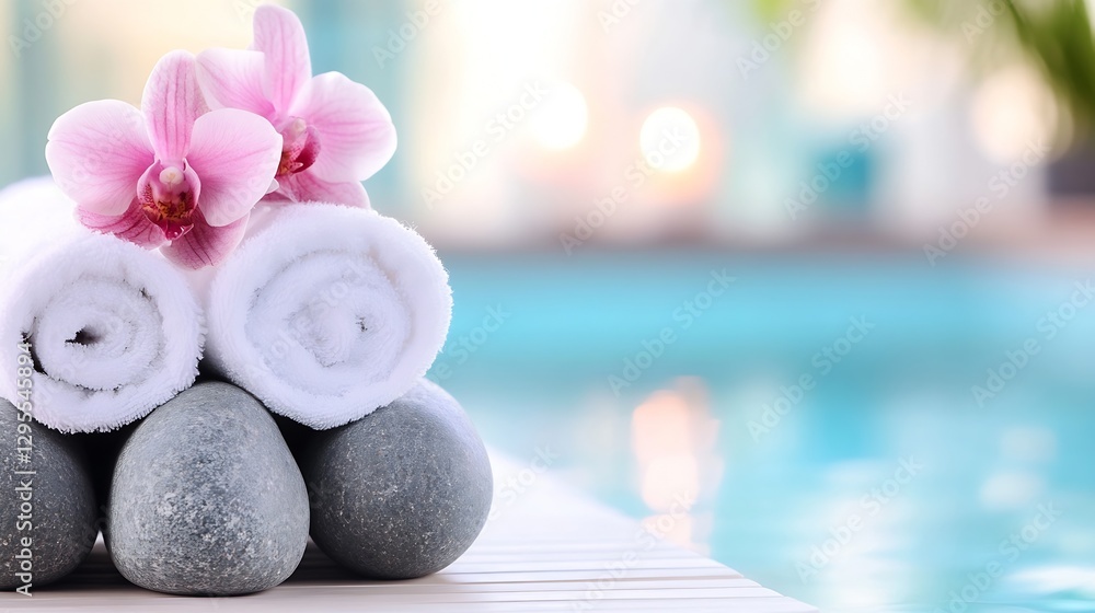 Poster spa setting with towels stones and pink orchids for a soothing and calming experience : generative a