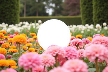 Naklejka premium white circular object sitting on top of a table surrounded by flowers