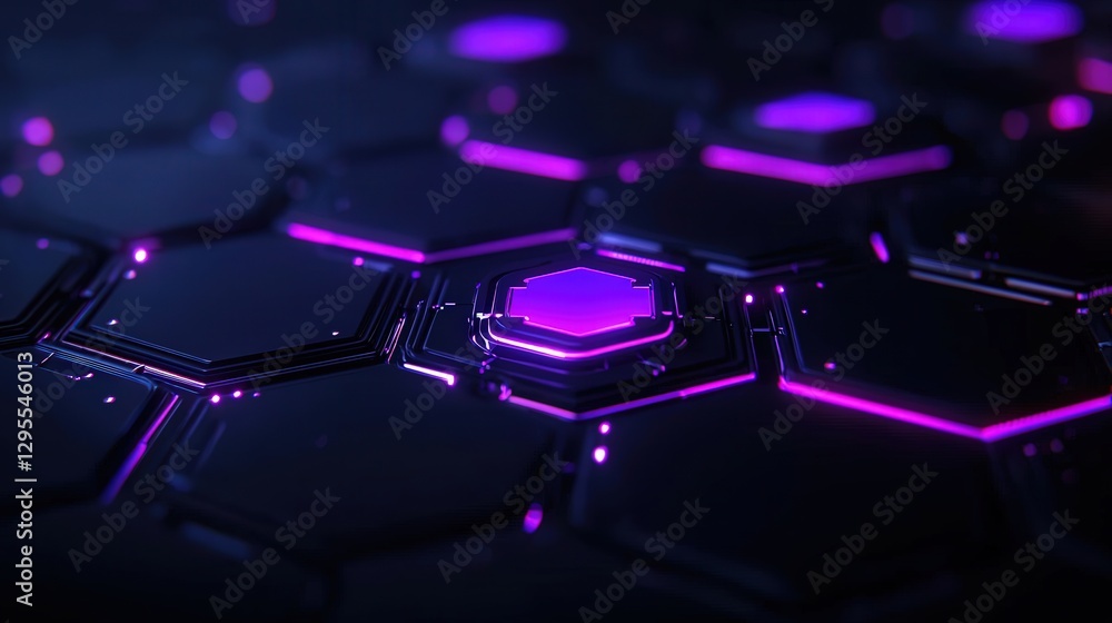 Poster hexagonal grid of black tiles highlighted in purple light pattern technology render