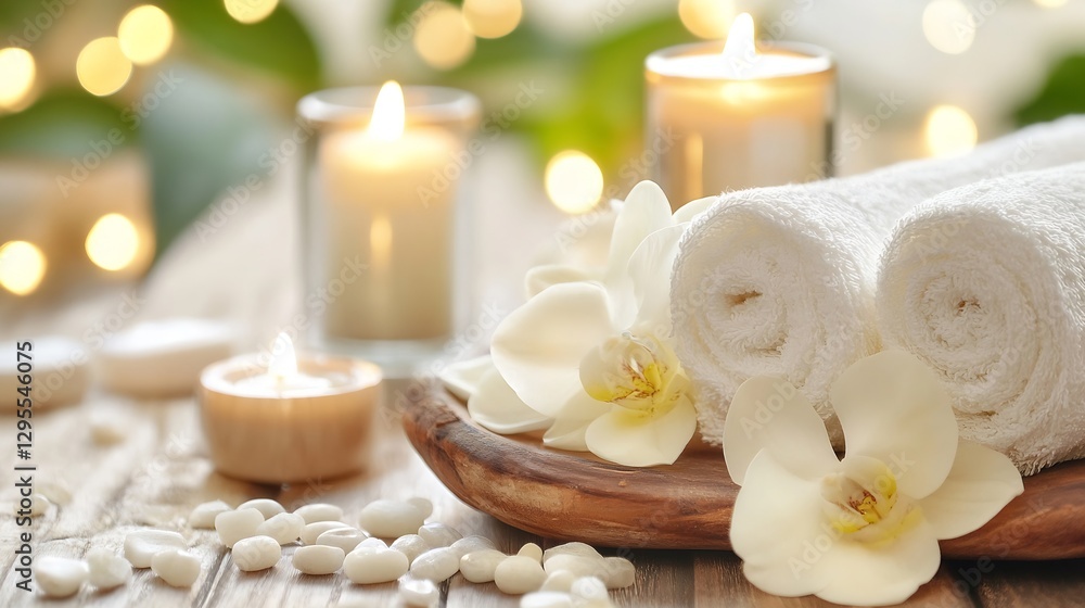 Poster spa treatment with soft towels, candles and orchids for relaxation : generative ai