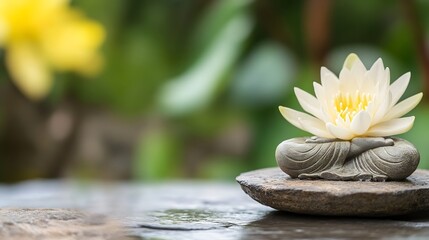 Fototapeta premium Elegant White Lotus Flower on a Stone Surface Surrounded by Nature's Peaceful Greenery : Generative AI